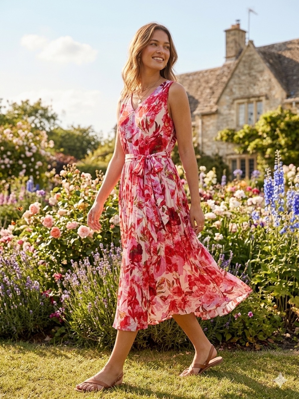 Women's Lightweight Fun Flowy Floral V-Neck Tie-Waist Midi Dress‎ in Pink Sz 18